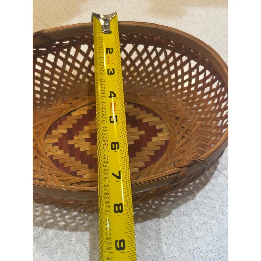 Vintage Woven Bamboo Basket Oval Lattice Diamond Pattern Boho Decor